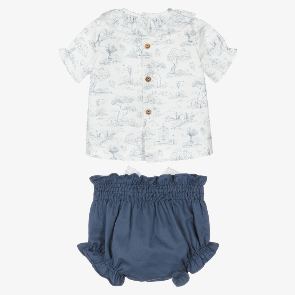 Paloma de la O-Baby Girls Blue & White Cotton Toile De Jouy Shorts Set | Childrensalon