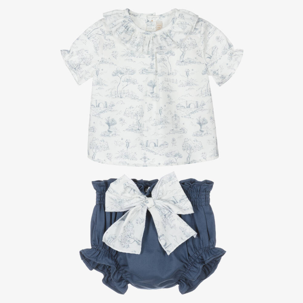Paloma de la O-Baby Girls Blue & White Cotton Toile De Jouy Shorts Set | Childrensalon