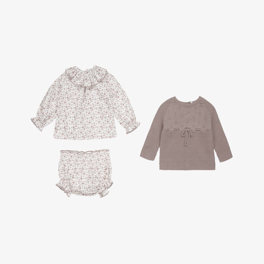 Paloma de la O-Baby Girls Brown Sweater & Floral Shorts Set | Childrensalon