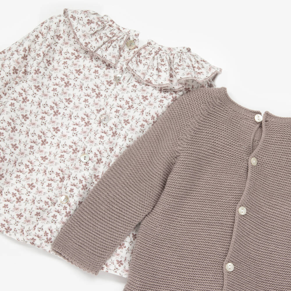 Paloma de la O-Baby Girls Brown Sweater & Floral Shorts Set | Childrensalon