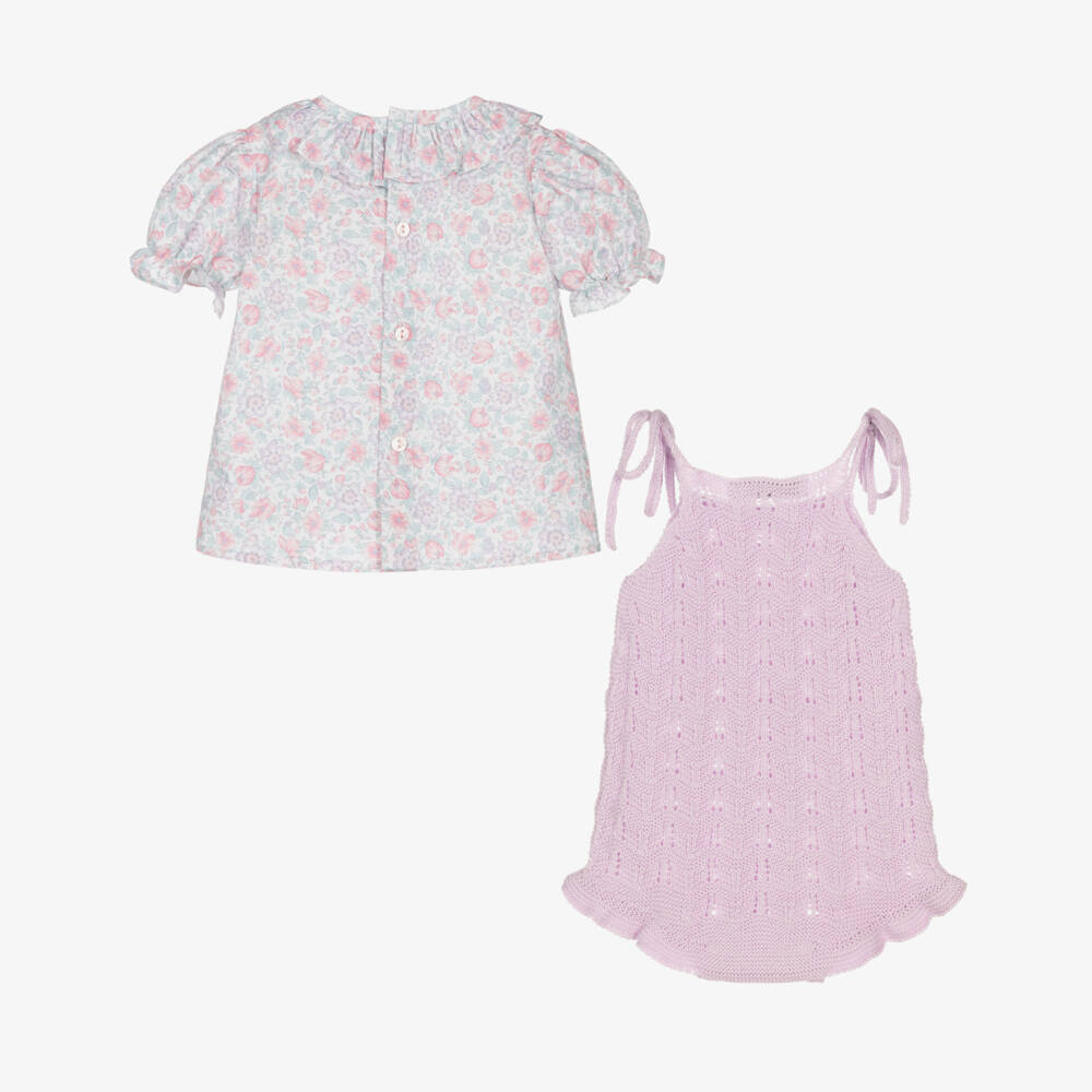 Paloma de la O-Baby Girls Floral Blouse & Lilac Cotton Knit Shortie Set | Childrensalon