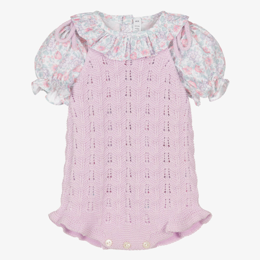 Paloma de la O-Baby Girls Floral Blouse & Lilac Cotton Knit Shortie Set | Childrensalon