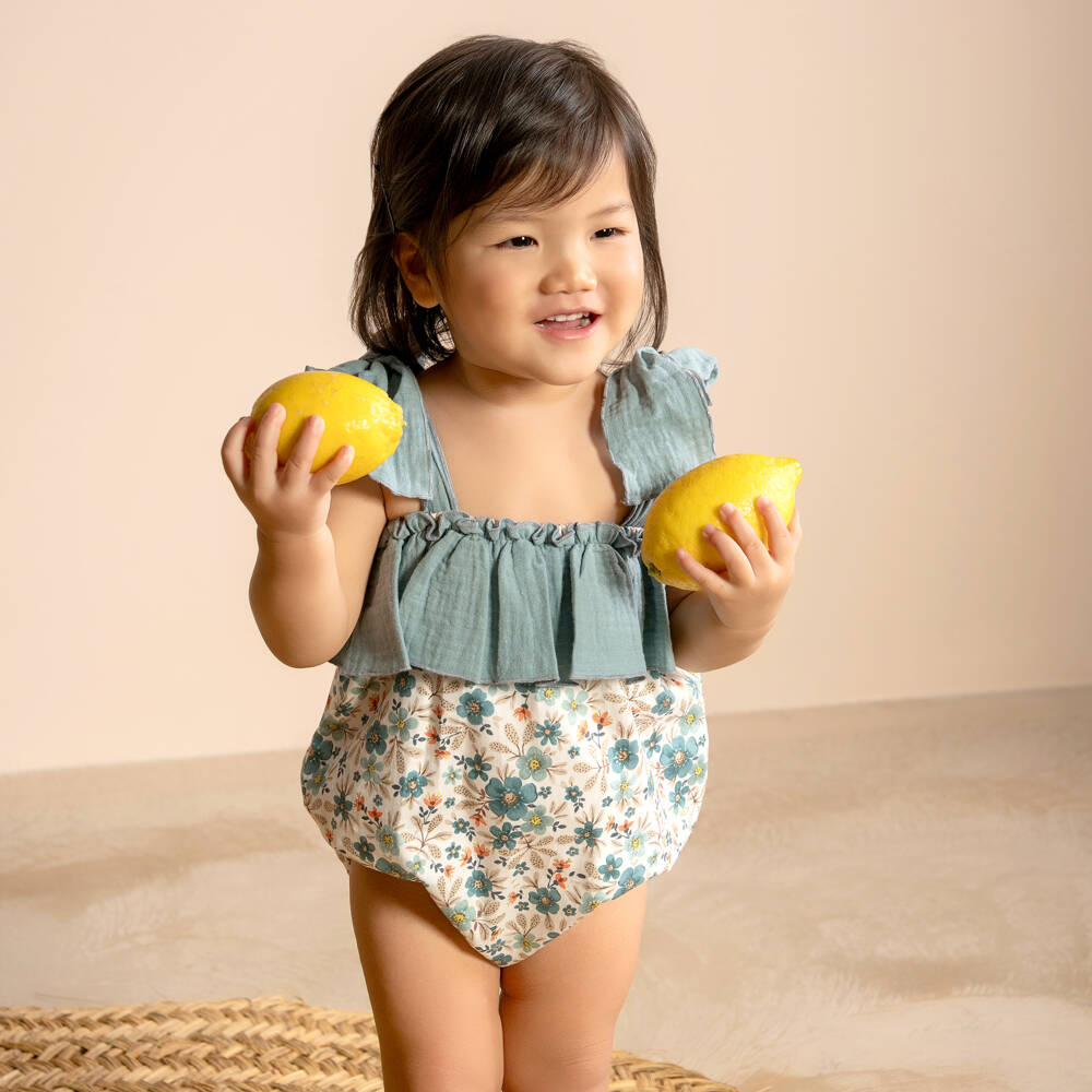 Paloma de la O-Baby Girls Green Floral Cotton Shortie | Childrensalon