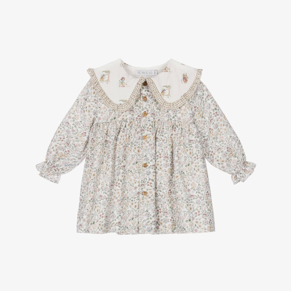 Paloma de la O-Baby Girls Ivory Cotton Collared Dress with Floral Print | Childrensalon