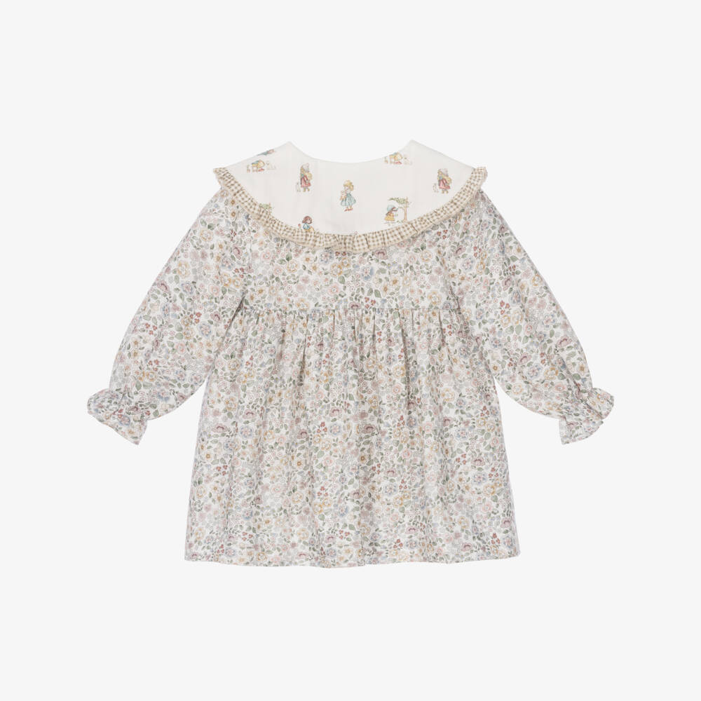 Paloma de la O-Baby Girls Ivory Cotton Collared Dress with Floral Print | Childrensalon