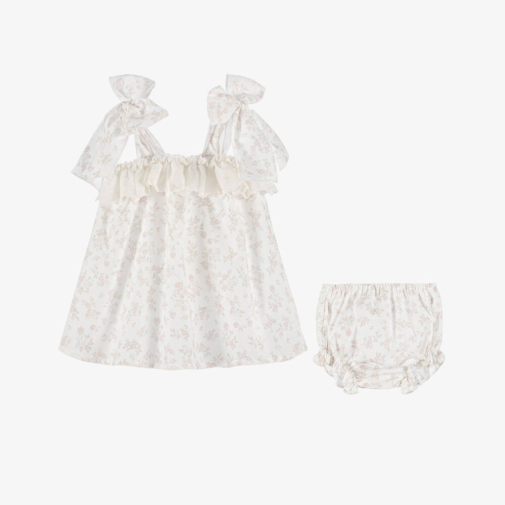 Paloma de la O-Baby Girls Ivory Cotton Dress with Pink Floral Pattern | Childrensalon