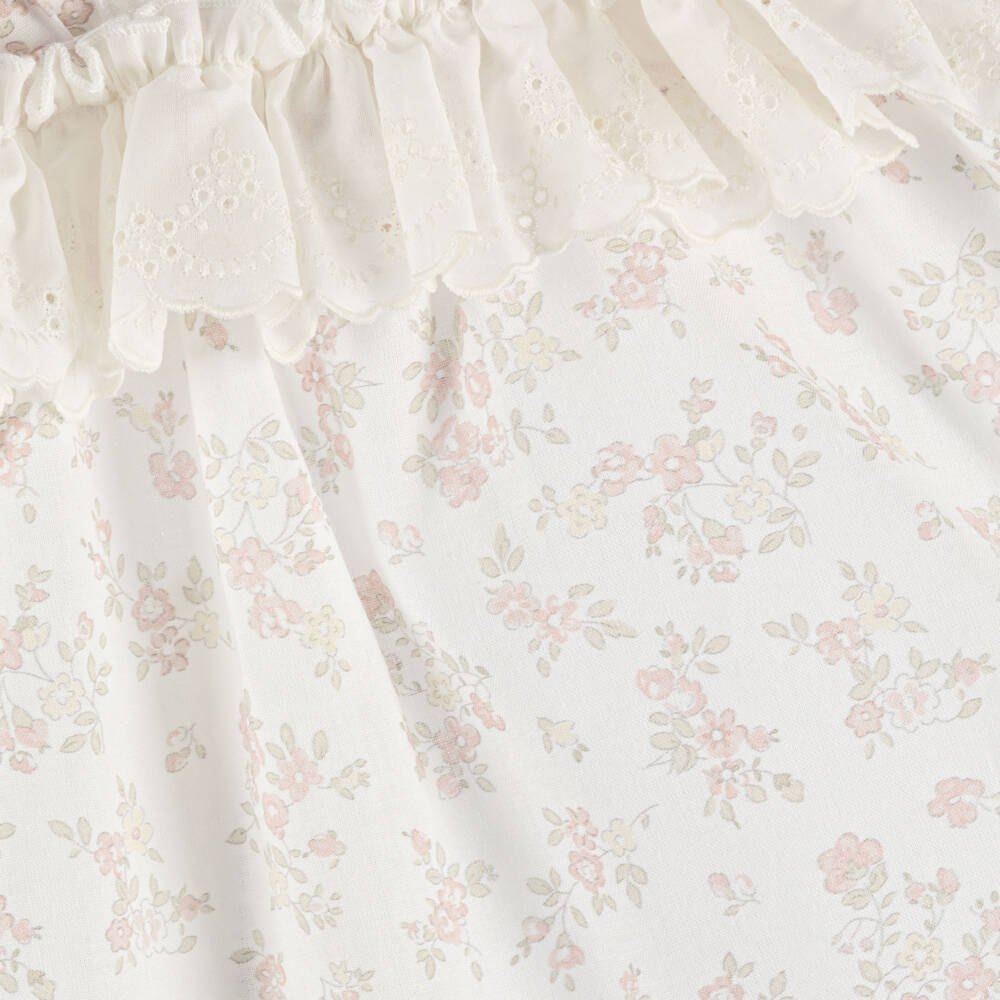 Paloma de la O-Baby Girls Ivory Cotton Dress with Pink Floral Pattern | Childrensalon