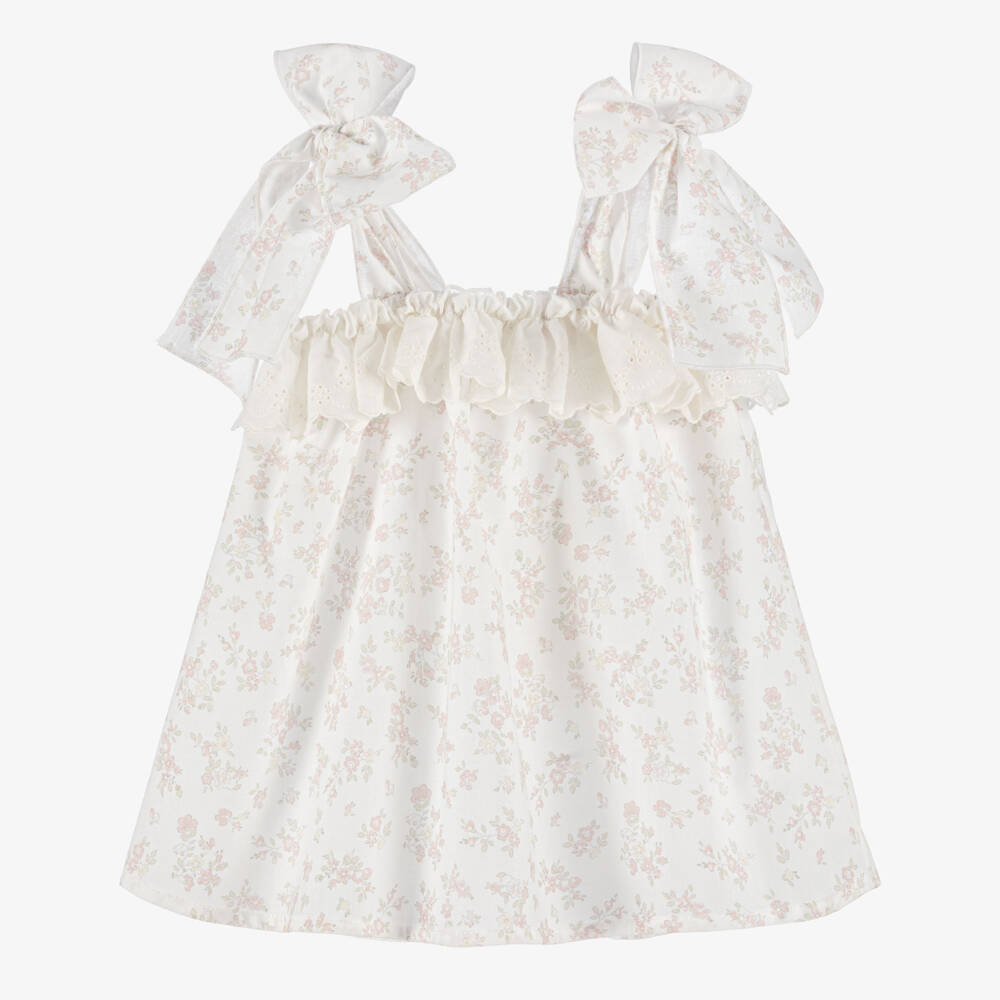 Paloma de la O-Baby Girls Ivory Cotton Dress with Pink Floral Pattern | Childrensalon