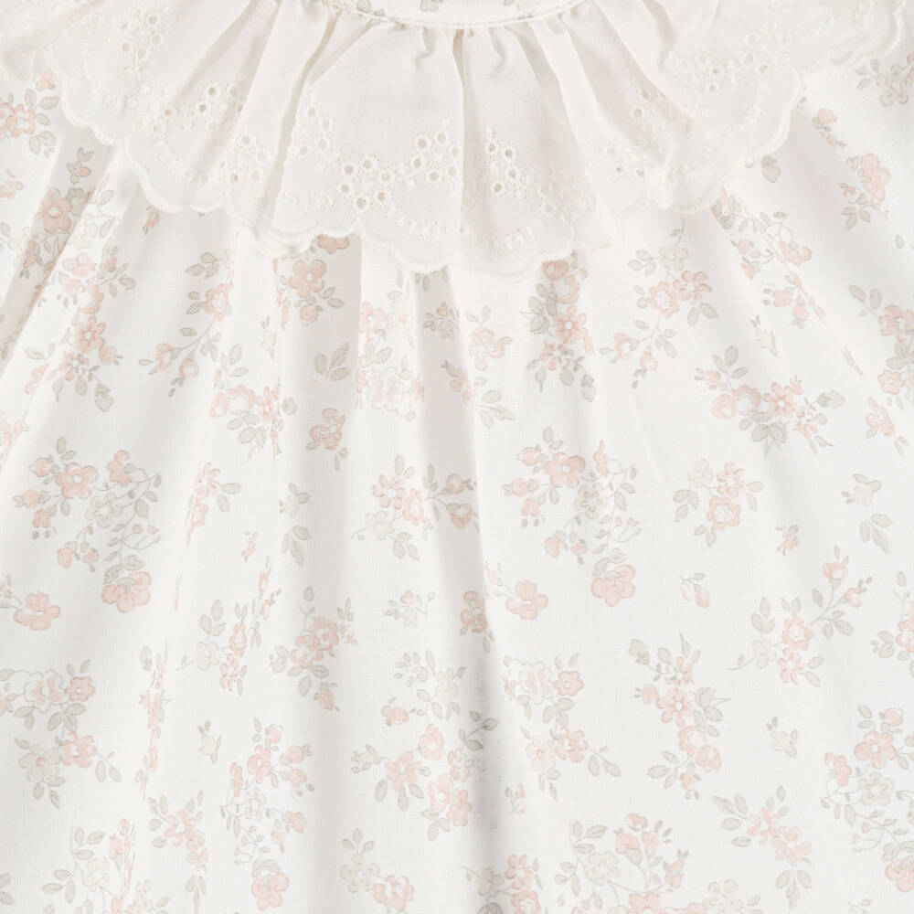Paloma de la O-Baby Girls Ivory Cotton Dress with Pink Floral Print | Childrensalon