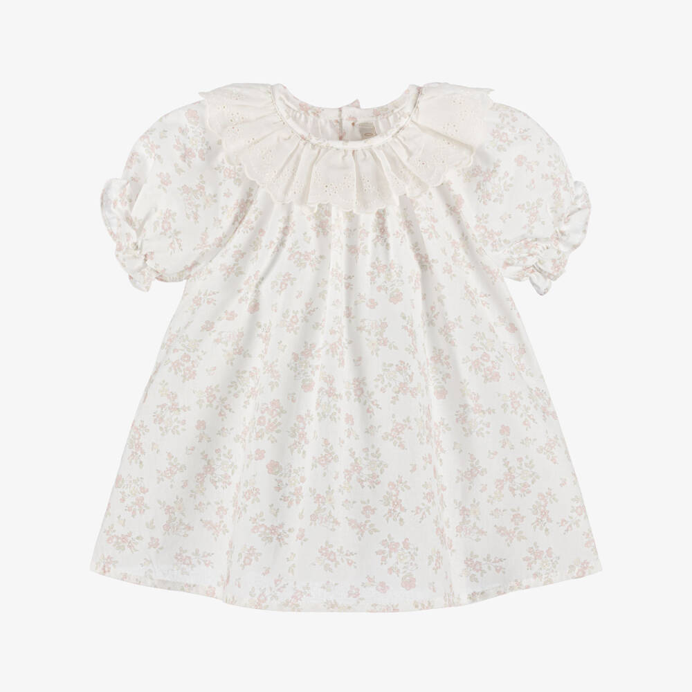 Paloma de la O-Baby Girls Ivory Cotton Dress with Pink Floral Print | Childrensalon