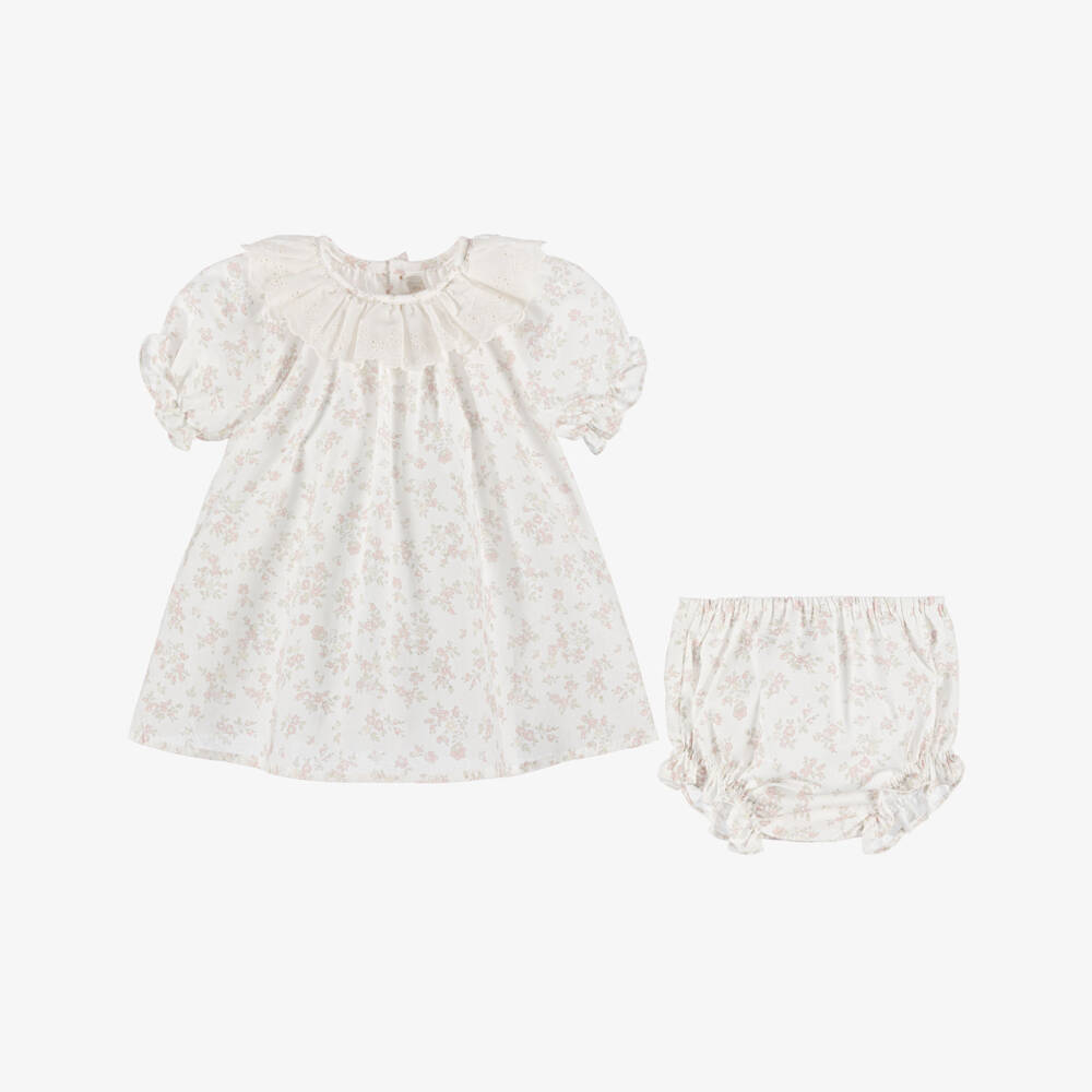 Paloma de la O-Baby Girls Ivory Cotton Dress with Pink Floral Print | Childrensalon
