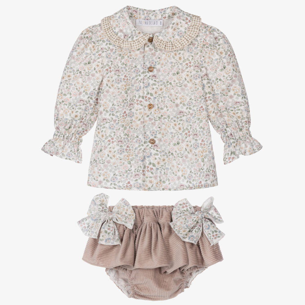 Paloma de la O-Baby Girls Ivory Floral Blouse & Pink Shorts Set | Childrensalon