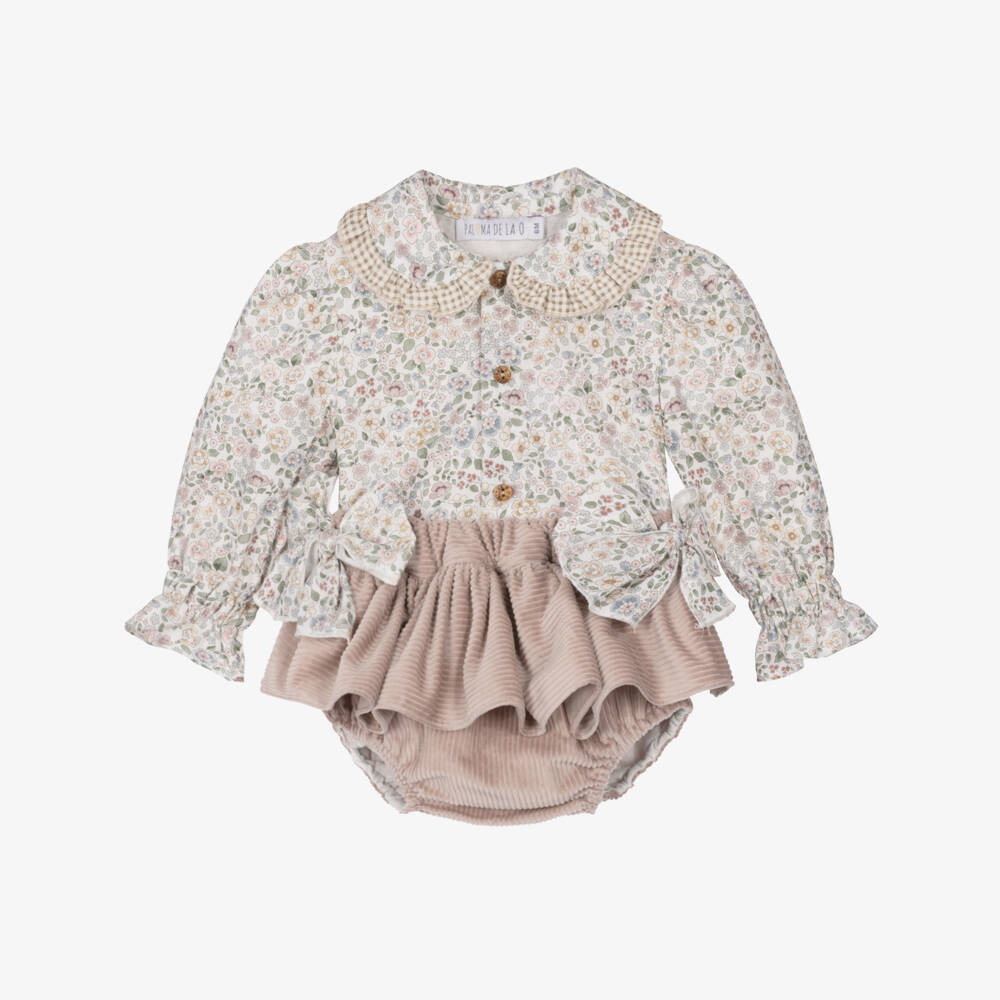 Paloma de la O-Baby Girls Ivory Floral Blouse & Pink Shorts Set | Childrensalon