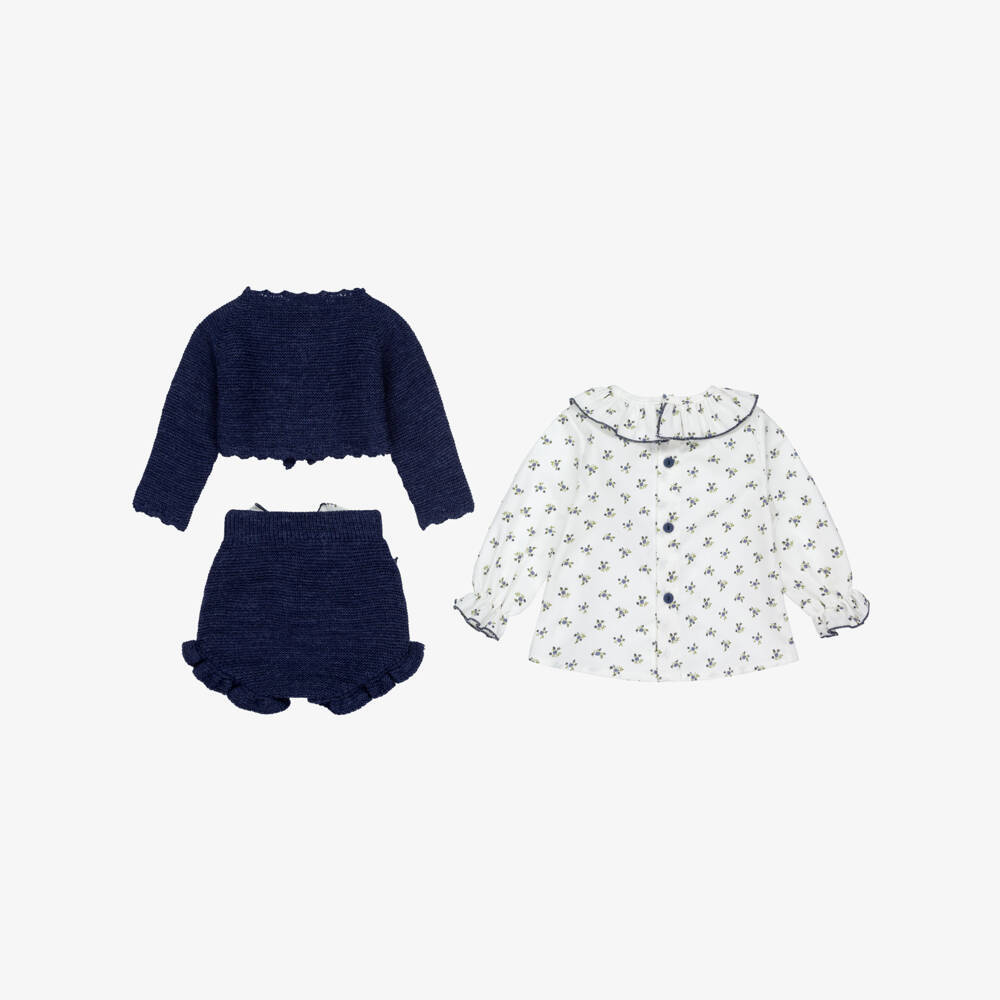 Paloma de la O-Baby Girls Ivory & Navy Blue Knitted Shorts Set | Childrensalon