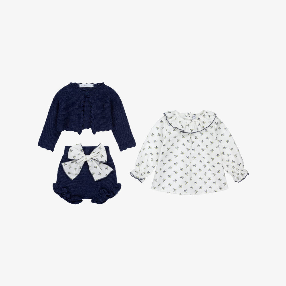 Paloma de la O-Baby Girls Ivory & Navy Blue Knitted Shorts Set | Childrensalon