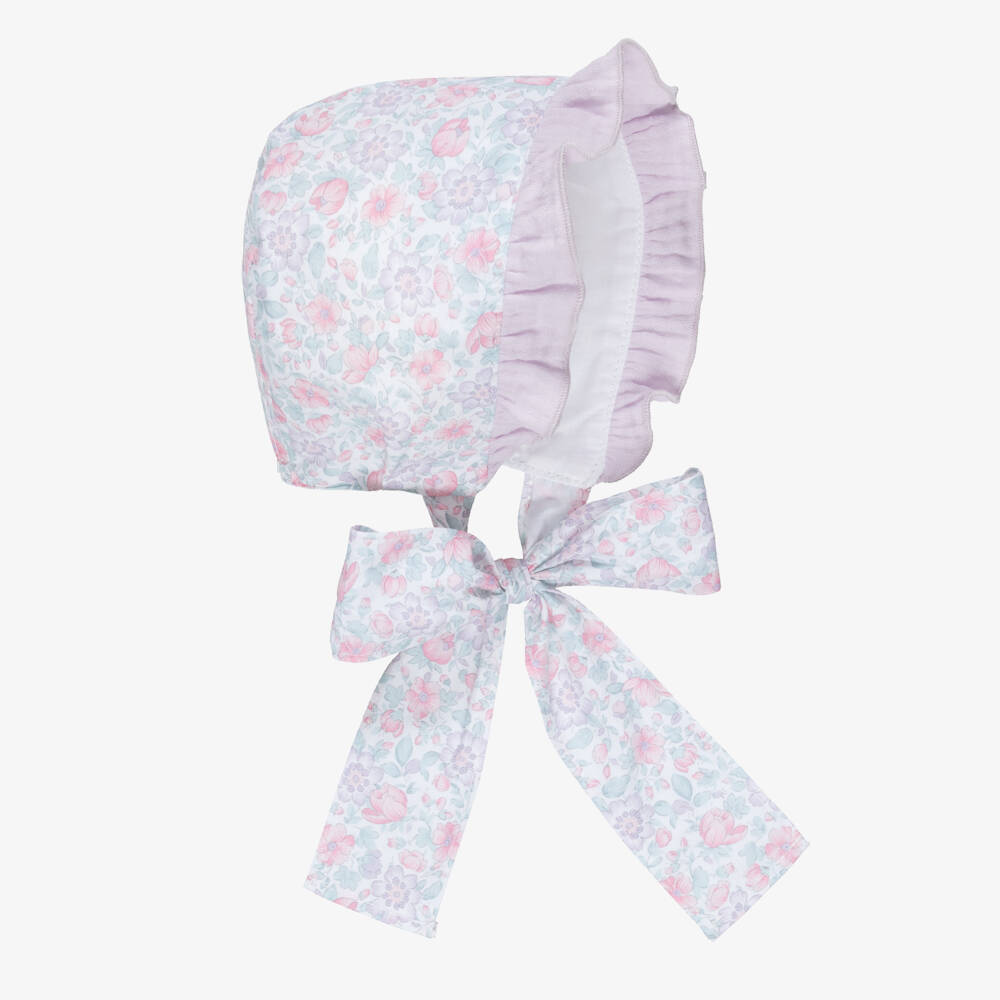 Paloma de la O-Baby Girls Lilac & Pink  Floral Cotton Bonnet | Childrensalon