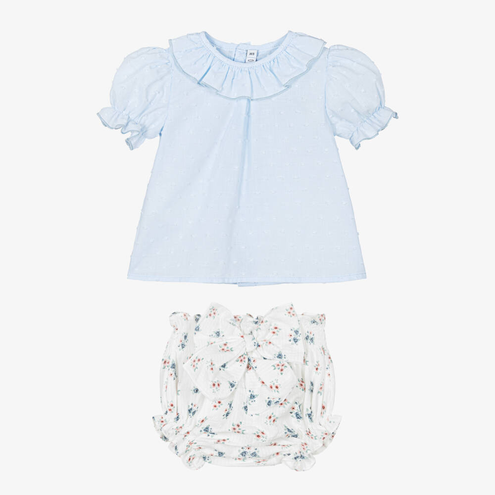 Paloma de la O-Baby Girls Pale Blue & White Floral Shorts Set | Childrensalon