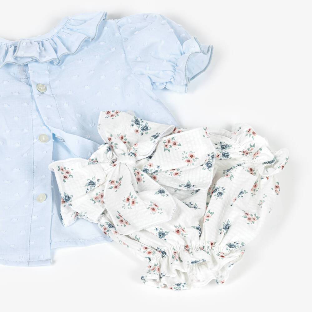 Paloma de la O-Baby Girls Pale Blue & White Floral Shorts Set | Childrensalon