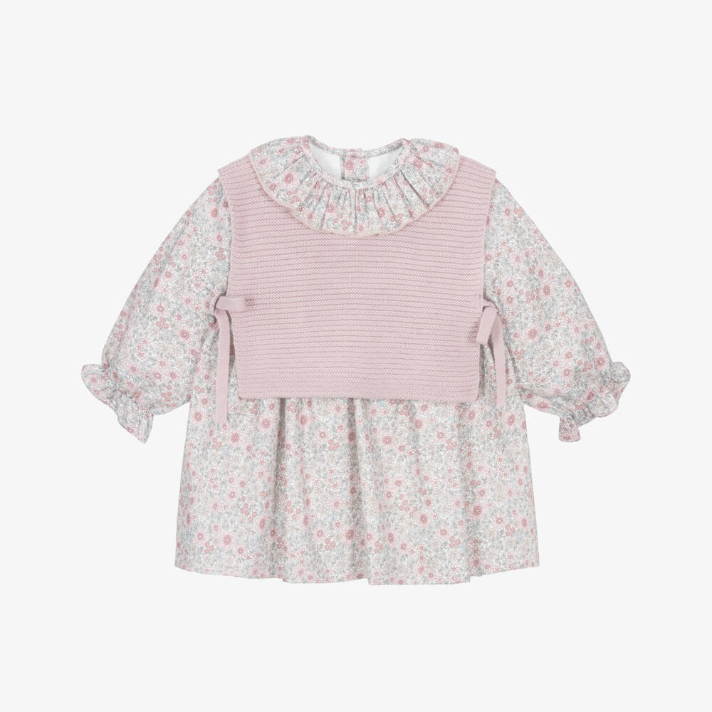 Paloma de la O-Baby Girls Pink Floral Cotton Slip-Over & Dress Set  | Childrensalon