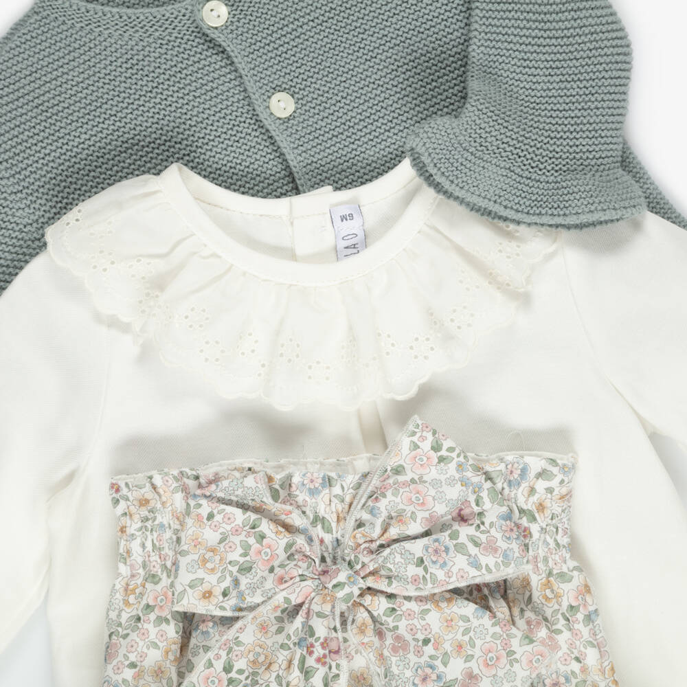 Paloma de la O-Baby Girls Teal Cardigan & Floral Shorts Set | Childrensalon
