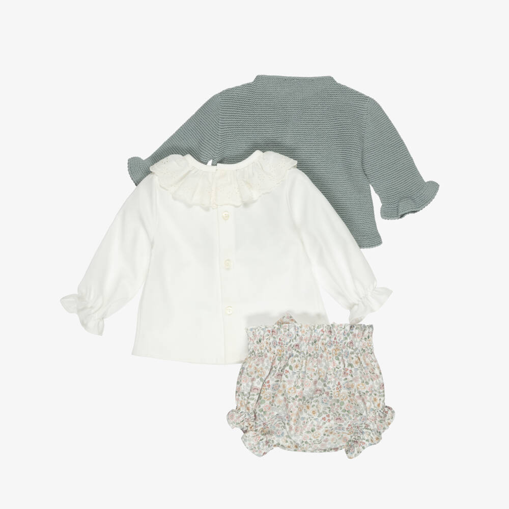 Paloma de la O-Baby Girls Teal Cardigan & Floral Shorts Set | Childrensalon
