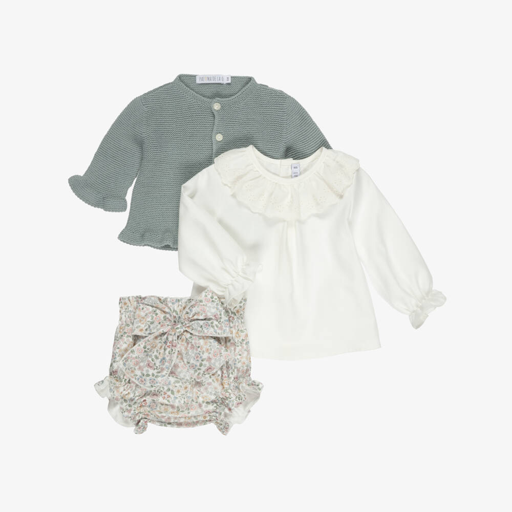 Paloma de la O-Baby Girls Teal Cardigan & Floral Shorts Set | Childrensalon