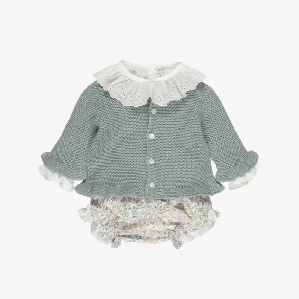 Paloma de la O-Baby Girls Teal Cardigan & Floral Shorts Set | Childrensalon