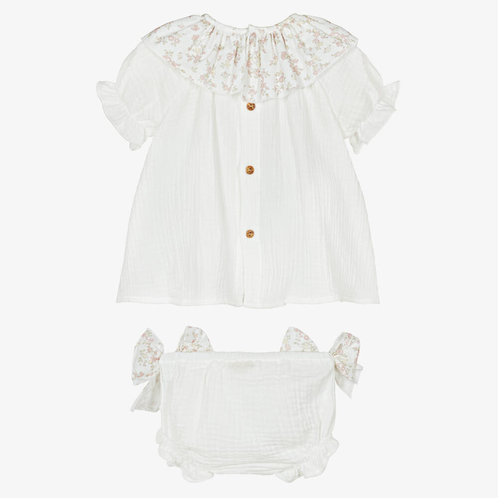 Paloma de la O-Baby Girls White Cotton Muslin Shorts Set with Floral Trim | Childrensalon