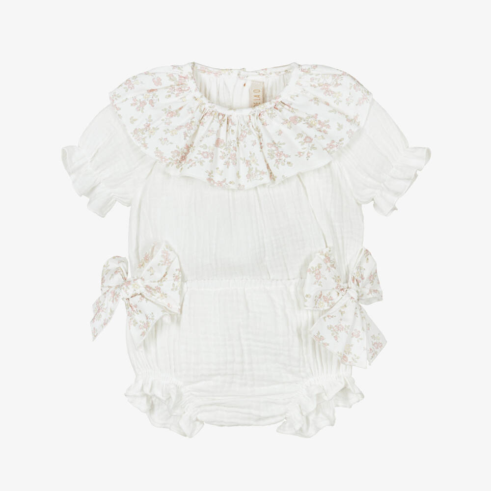 Paloma de la O-Baby Girls White Cotton Muslin Shorts Set with Floral Trim | Childrensalon