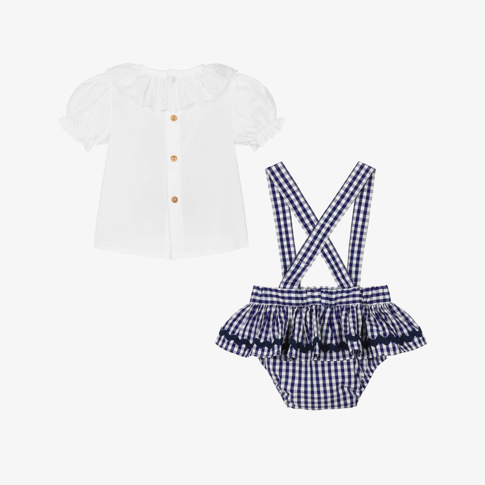 Paloma de la O-Baby Girls White & Navy Blue Gingham Shorts Set | Childrensalon