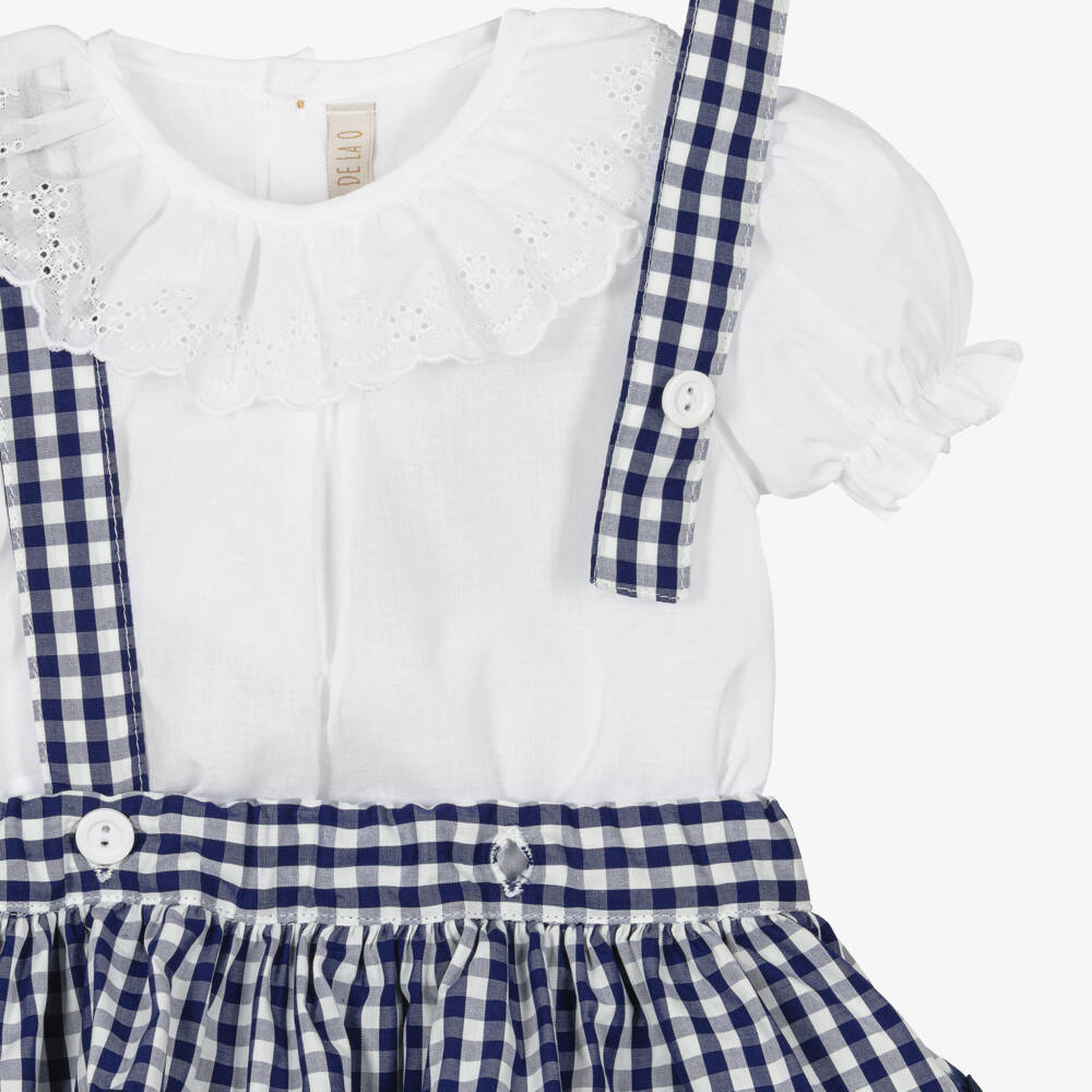 Paloma de la O-Baby Girls White & Navy Blue Gingham Shorts Set | Childrensalon