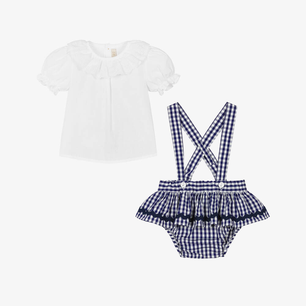 Paloma de la O-Baby Girls White & Navy Blue Gingham Shorts Set | Childrensalon