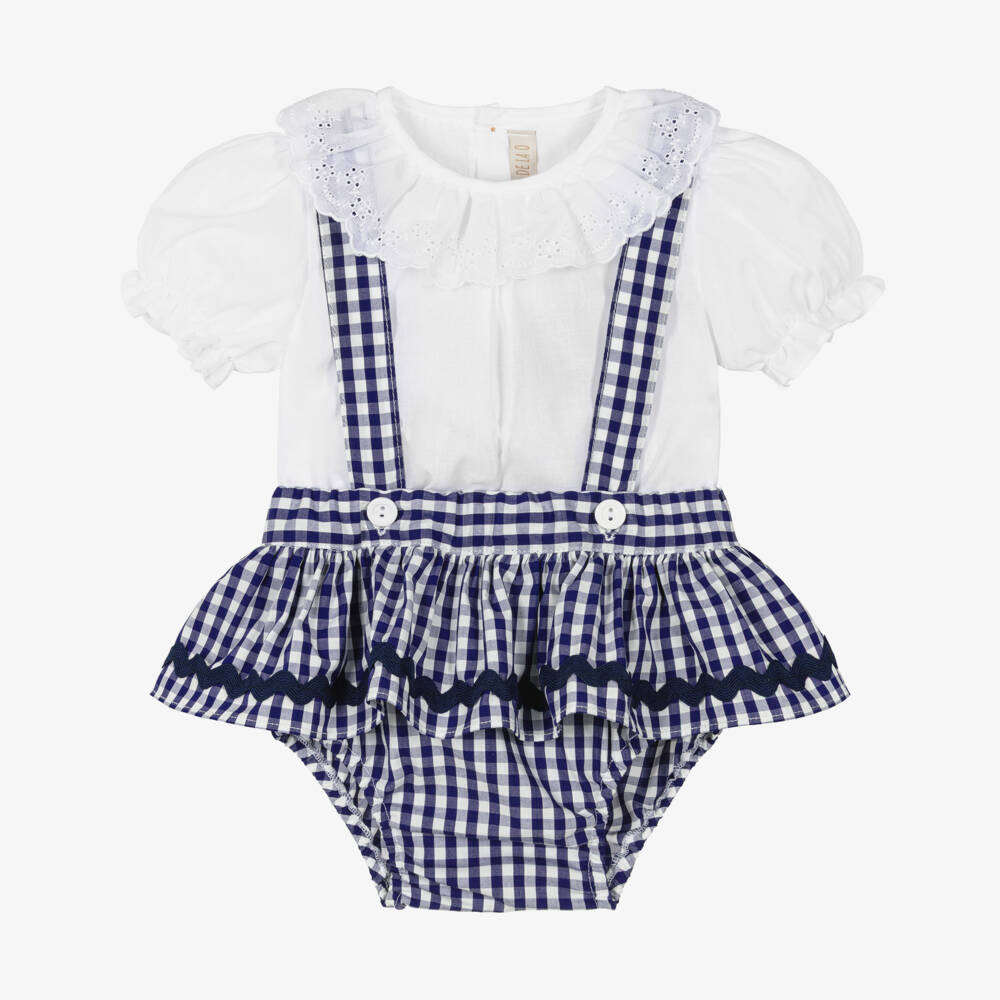 Paloma de la O-Baby Girls White & Navy Blue Gingham Shorts Set  | Childrensalon