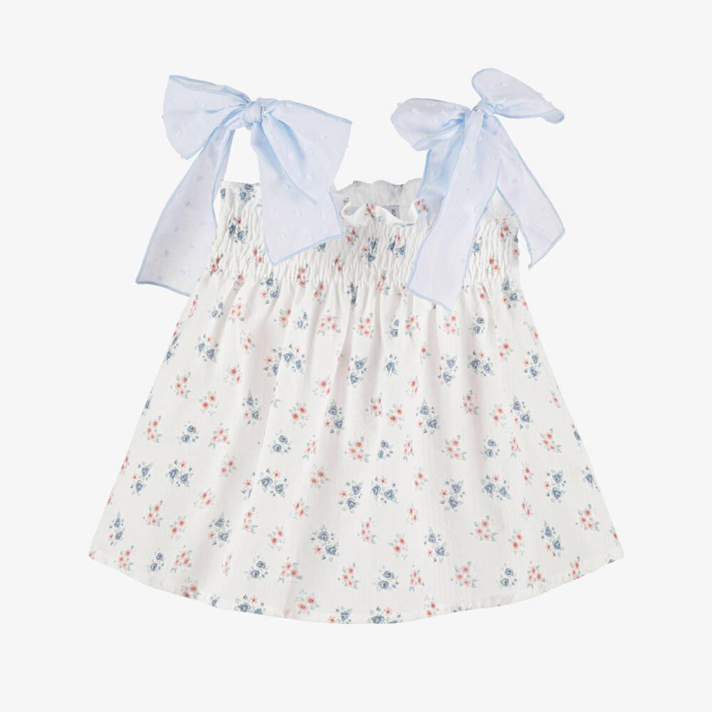 Paloma de la O-Baby Girls White & Pale Blue Floral Cotton Dress  | Childrensalon