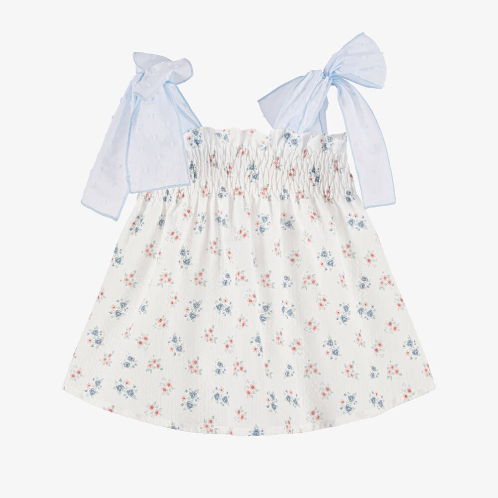 Paloma de la O-Baby Girls White & Pale Blue Floral Cotton Dress | Childrensalon