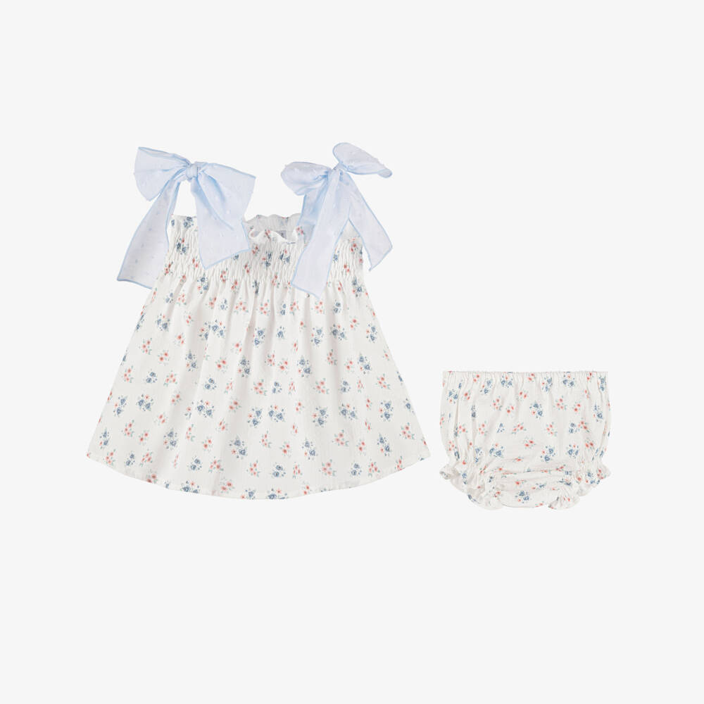 Paloma de la O-Baby Girls White & Pale Blue Floral Cotton Dress | Childrensalon