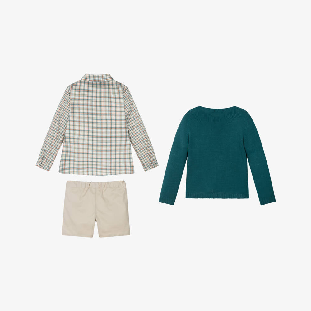 Paloma de la O-Boys Beige & Check Cotton Shorts Set with Sweater | Childrensalon