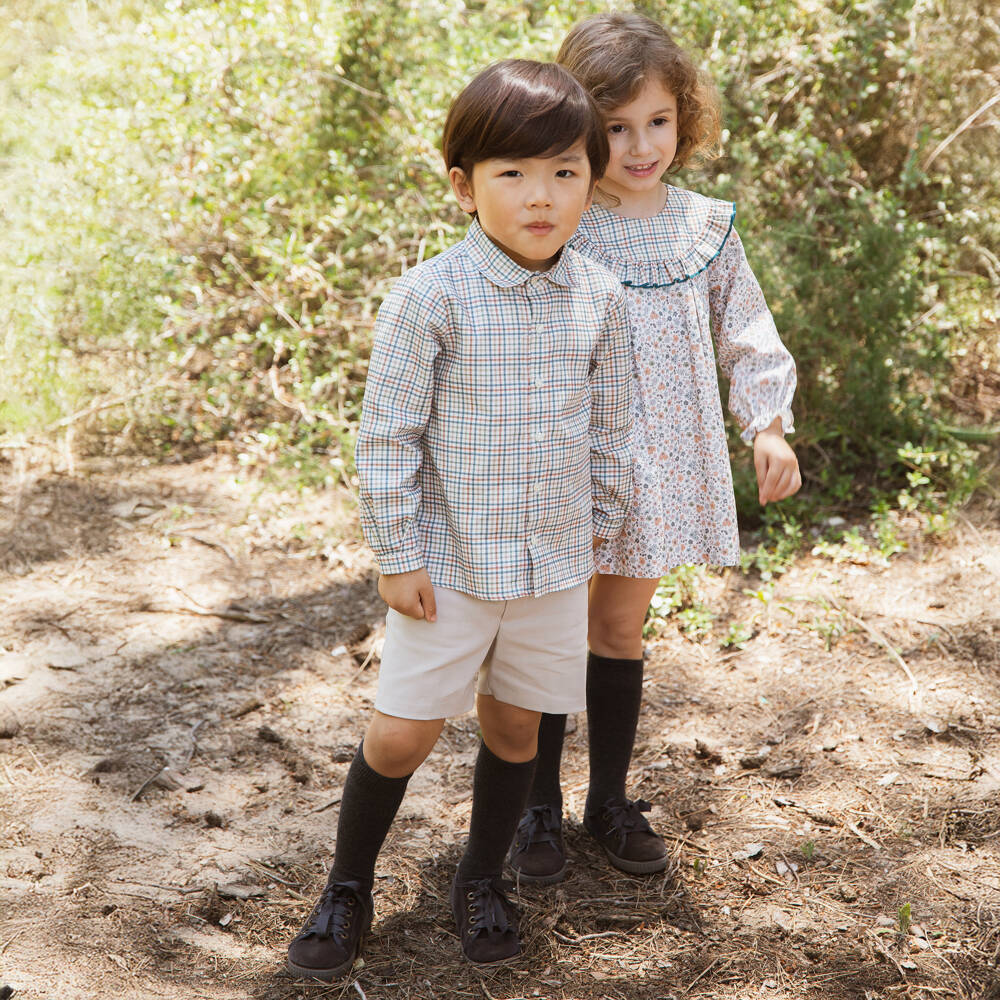 Paloma de la O-Boys Beige & Check Cotton Shorts Set with Sweater | Childrensalon