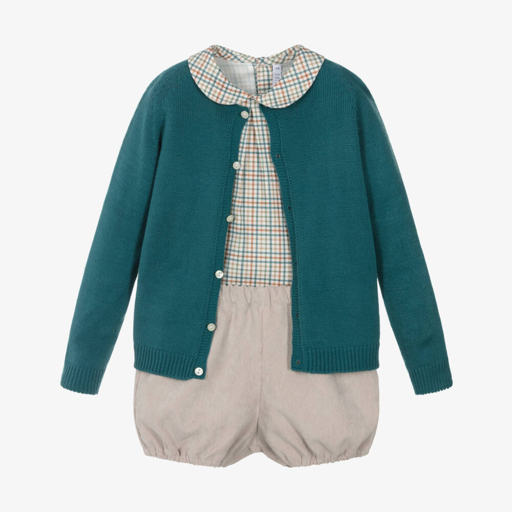 Paloma de la O-Boys Beige Check Shorts Set with Green Knitted Cardigan | Childrensalon