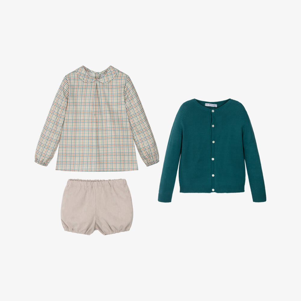 Paloma de la O-Boys Beige Check Shorts Set with Green Knitted Cardigan | Childrensalon