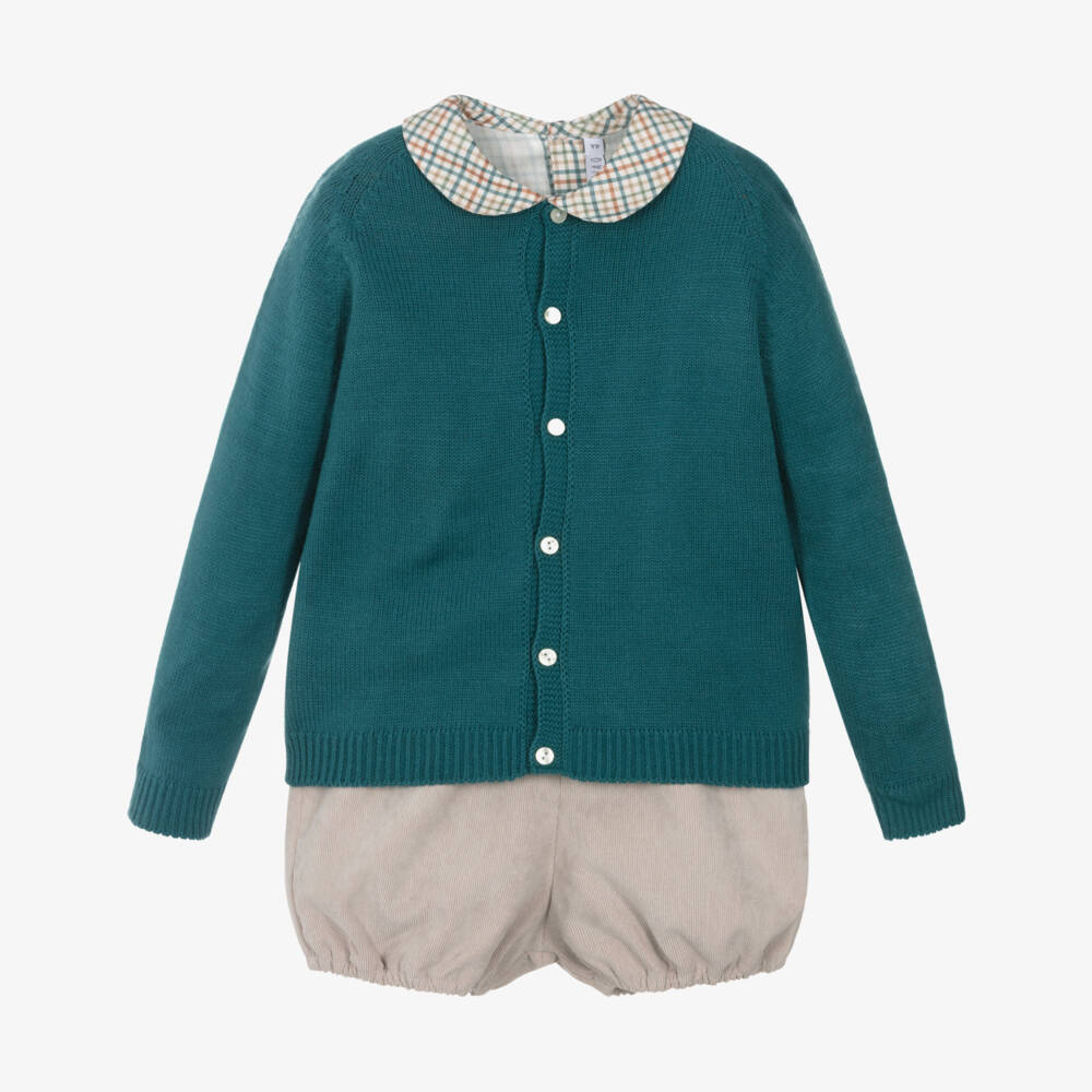 Paloma de la O-Boys Beige Check Shorts Set with Green Knitted Cardigan | Childrensalon