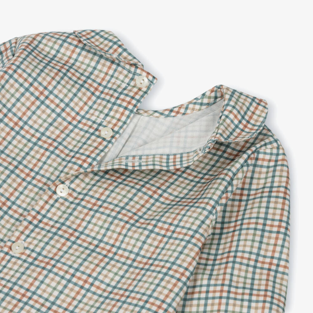 Paloma de la O-Boys Beige Check Shorts Set with Green Knitted Cardigan | Childrensalon