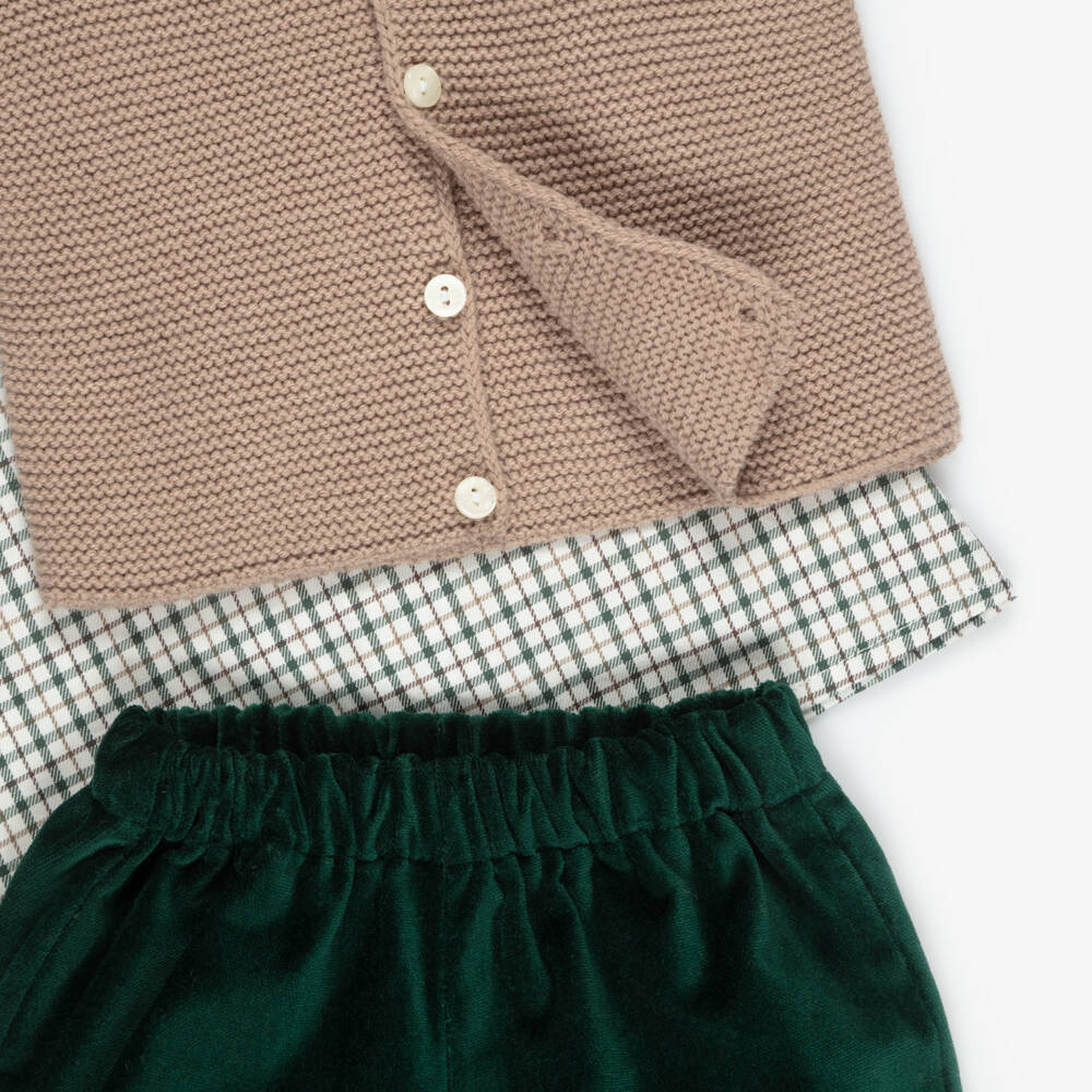 Paloma de la O-Boys Beige & Green Velvet Shorts Set | Childrensalon