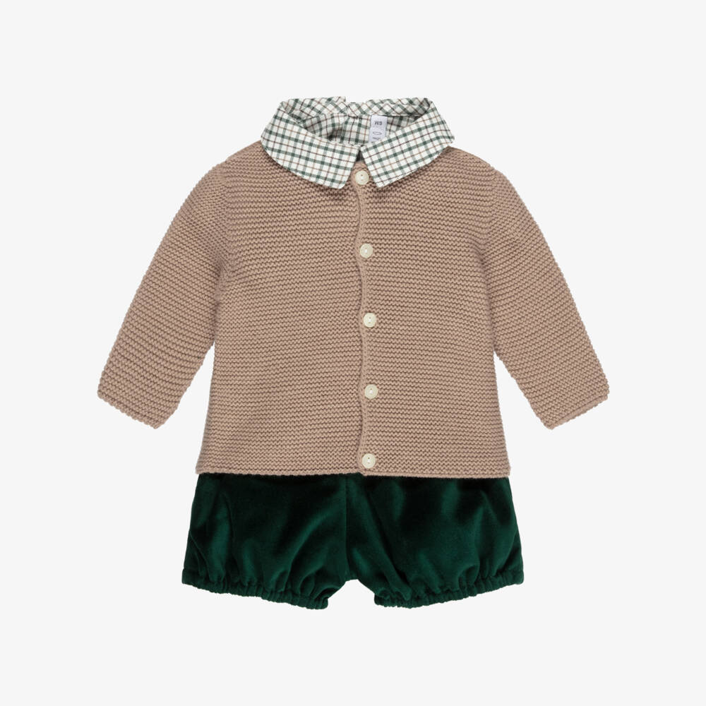 Paloma de la O-Boys Beige & Green Velvet Shorts Set | Childrensalon