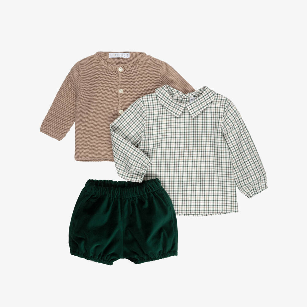 Paloma de la O-Boys Beige & Green Velvet Shorts Set | Childrensalon