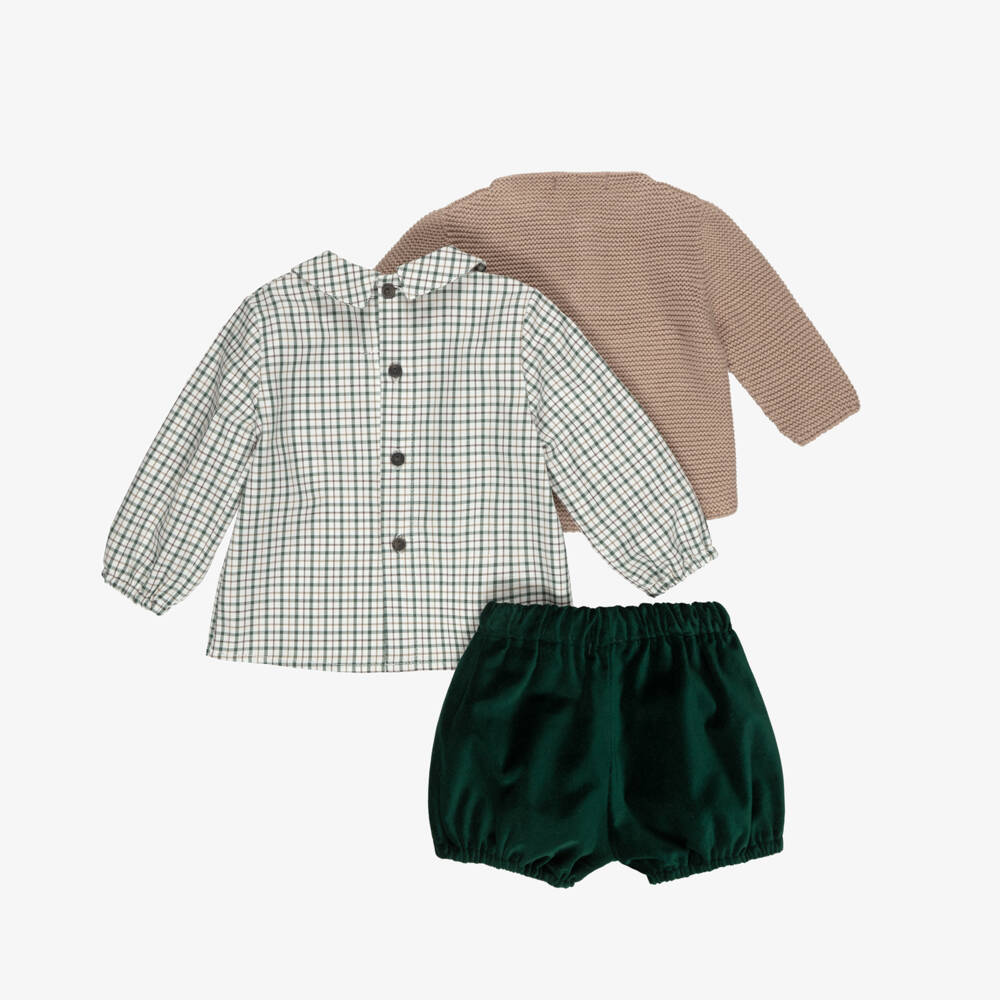 Paloma de la O-Boys Beige & Green Velvet Shorts Set | Childrensalon