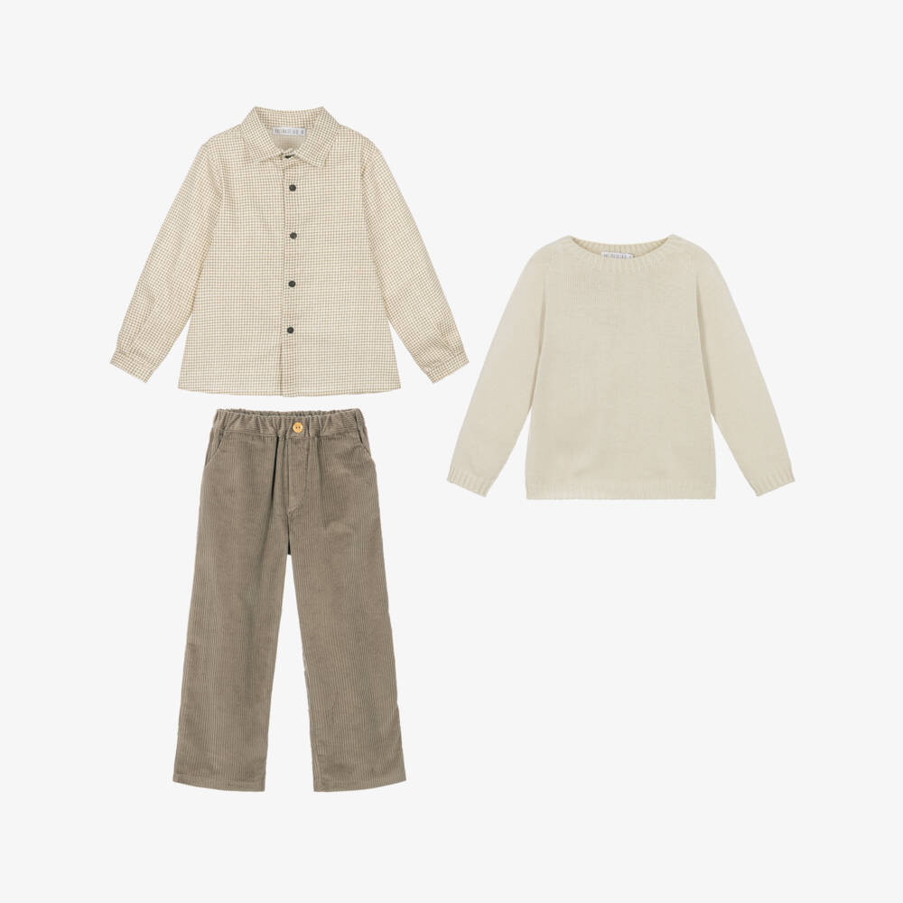Paloma de la O-Boys Beige Sweater & Corduroy Trousers Set | Childrensalon