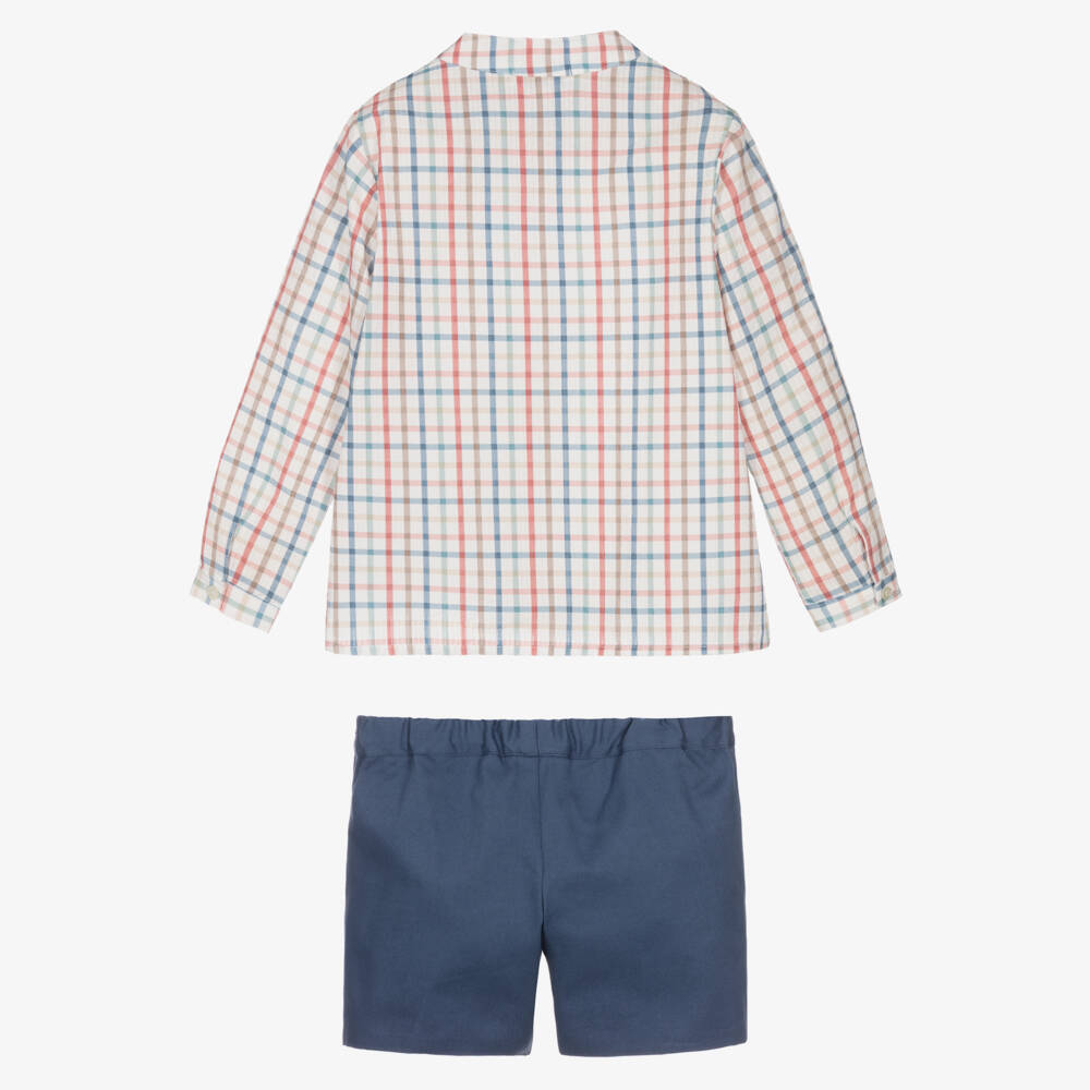 Paloma de la O-Boys Blue Cotton Checked Shorts Set | Childrensalon
