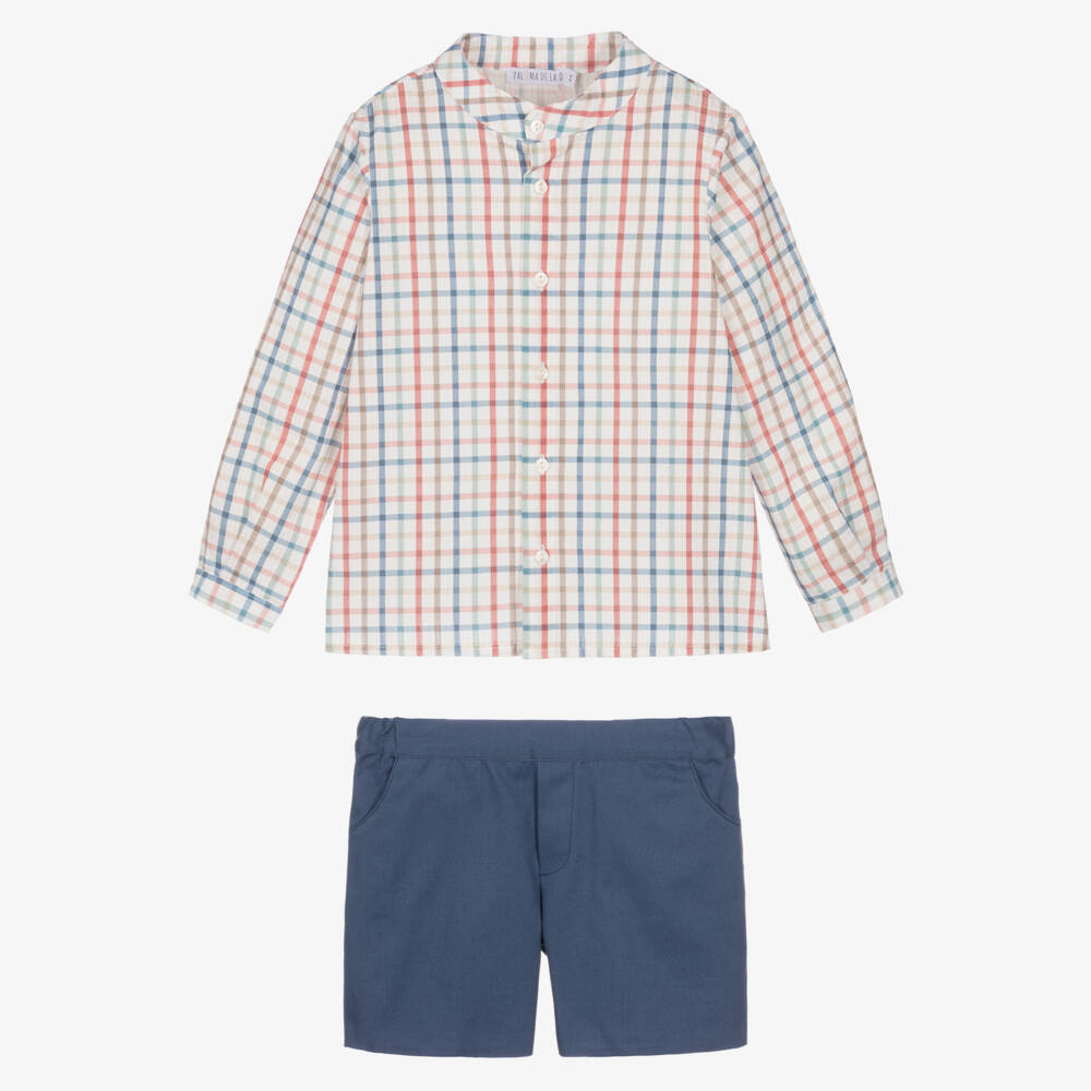 Paloma de la O-Boys Blue Cotton Checked Shorts Set | Childrensalon