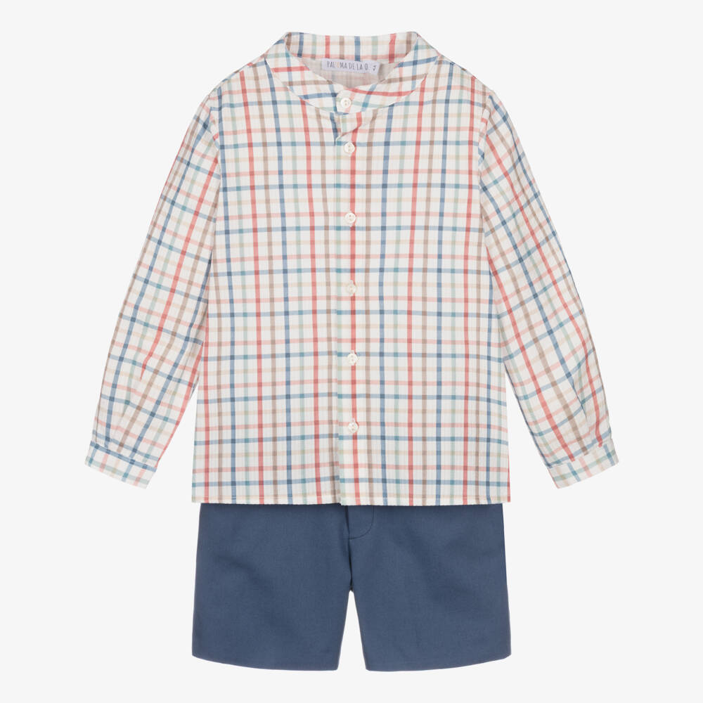 Paloma de la O-Boys Blue Cotton Checked Shorts Set | Childrensalon